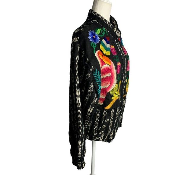Vintage Toucan Embroidered Bomber Jacket M Black Woven Zip Peruvian Pockets - Picture 5 of 6